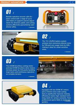 Télécommandée, tondeuse à gazon intelligente, avec batterie au lithium-fer phosphate (LiFePO4), à quatre roues motrices, économe en énergie et respectueuse de l'environnement, et fonctionne en continu pendant 3 heures.